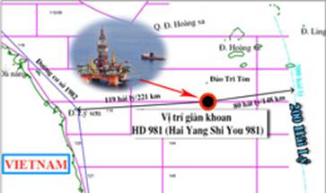 Dàn khoan Trung Quốc HD 981 định vị khoan tại vị trí có tọa độ 15029’ vĩ độ bắc, 111012’ độ kinh đông, cách bờ biển Việt Nam khoảng 120 hải lý