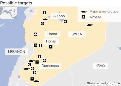 Sơ đồ mô phỏng các mục tiêu tại Syria có thể bị tấn công.